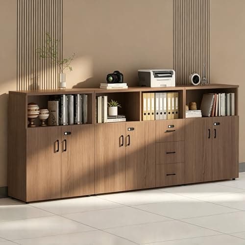 HSHBDDM File Cabinet with Password Lock, Wood Lateral Filing Cabinet for Letter/A4 Files, 3 Drawer with Door, Printer Stand with Open Shelves for Home Office
