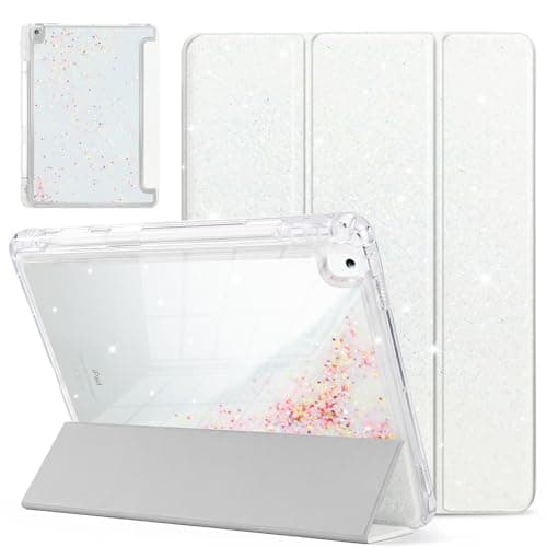 Aippdo Compatible with iPad 9th/8th/7th Generation 10.2 Inch Case 2021/2020/2019, Glitter Cute Cover with Clear Sparkly Sequined Quicksand Back, Pencil Holder, for Kids Girls Woman (White)