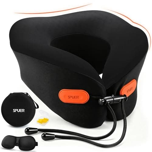 Travel Neck Pillow for Airplane, Memory Foam Airplane Pillow with 360° Adjustable Neck Support for Long Flights, Road Trips & Train Rides, 3D Eye Mask, Earplugs & Carry Case(Black)