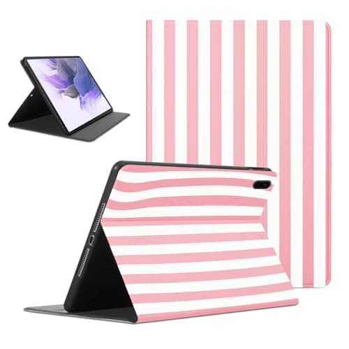 Mrtponk Aesthetic Pink White Striped Print Tablet Case for Samsung Galaxy Tab A SM-T590 10.5", Cute Pinstripe Geometric Vertical Line Design Slim Lightweight Trifold Stand Soft TPU Cover for Girl Boy