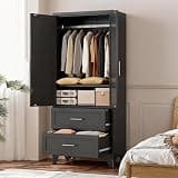 Armoire Wardrobe Closet with Drawers,Big Wardrobe Closet with Doors,61'' Metal Wardrobe Closet,Hanging Rod and Adjustable Shelves,Clothing Storage Cabinet for Hanging Clothes,Bedroom (Black, 1)