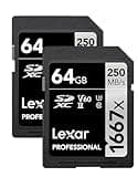 Lexar 64GB (2-Pack) Professional 1667x SD Card, UHS-II, C10, U3, V60, Full HD, 4K, Up To 250MB/s Read SDXC Memory Card, for Professional Photographer, Videographer, Enthusiast (LSD64GCBNA16672)