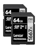 Lexar 64GB (2-Pack) Professional 1667x SD Card, UHS-II, C10, U3, V60, Full HD, 4K, Up To 250MB/s Read SDXC Memory Card, for Professional Photographer, Videographer, Enthusiast (LSD64GCBNA16672)