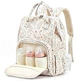 Sunnymove Light White Corduroy Floral Diaper Bag Backpack for Mom Large Capacity Multifunction Travel Backpack for Women, Cute Diaper Bag
