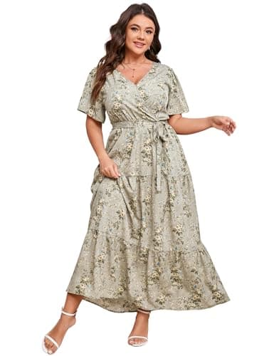 ShopWonder Womens Plus Size V Neck Wrap Maxi Dress High Waist Ruffle Summer Casual Dress with Belt Green Yellow 2025 2XL