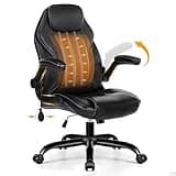 Ylzyxal Office Desk Chair, Ergonomic Computer Chair with Padded Flip-Up Arms and Adjustable Lumbar Support, PU Leather Executive Chair with Tilt Lock and 360° Swivel Rolling Wheels for Work, Study