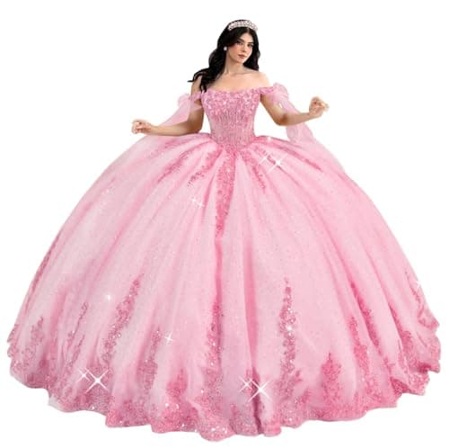 Ftupza Lace Appliques Quinceanera Dresses Pink Party Dress Glitter Tulle Ball Gown Layered Sweet 15 16 Dresses with Bow 10