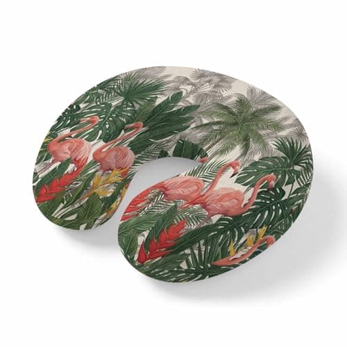 Tropical Style Travel Pillow Memory Foam U Shaped Neck Pillow, Summer Flamingos and Palm Trees Vacation Brown Lightweight Portable Soft Headrest for Airplane Car Office Home, 11.4"x11.4"x3.9"