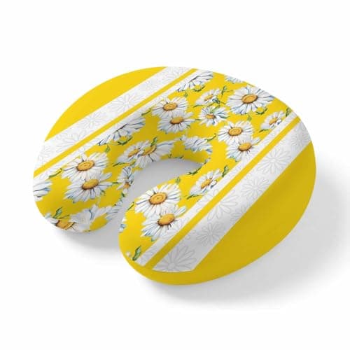 Yellow Daisy Travel Neck Pillow Memory Foam,Hand Neck Support Airplane Pillow for Traveling Bed Car Office Home,Farmhouse Floral Yellow Striped Portable Flight Pillows with Removable & Washable Cover