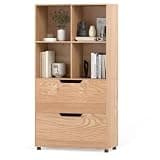 HOMGX Bookshelf with 4 Cubes & 2 Drawers, 51 Inches Tall Modern Wooden Freestanding Bookcase with Anti-Tip Kits, Display Storage Organizer Rack for Living Room, Study, Home Office, Natural
