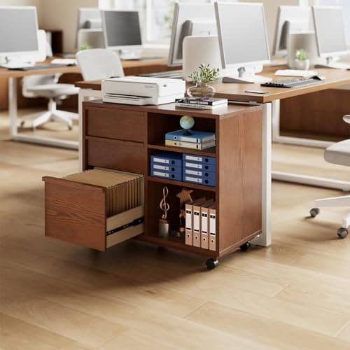 3-Drawer Mobile File Cabinet, wooden file cabinets,filing cabinets for home office, Stand with Open Shelves. The cabinet features adjustable steel rods and is suitable for home offices, and bedrooms.