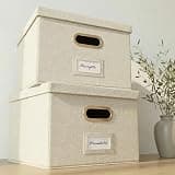 Decorative File Organizer Box Set of 2 - Collapsible Linen Filing Cabinets with Handles Are Perfect to Store All Your Documents & Hanging File Folders - Portable Easy Slide Office Crates with Lid