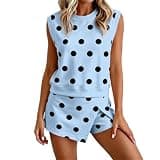 Oplxuo Women Polka Dot 2 Piece Short Set Crew Neck Sleeveless Tank Top Asymmetric Split Skort Summer Casual Matching Outfit