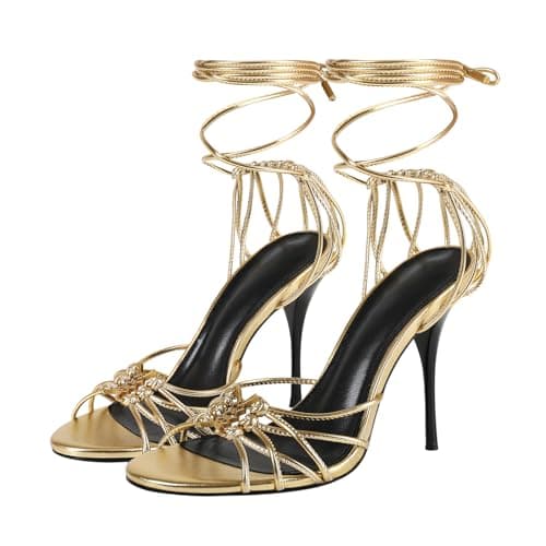 Aorikro Women Strappy Lace Up High Heels Sandals Stiletto Heel Open Toe Wrap Around Tie Up Sexy Cute High Heels Party Daily Shoes Gold
