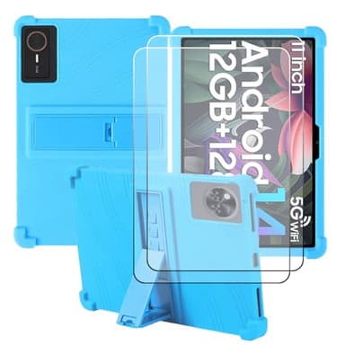 CongJiaLingXi Compatible for VekfulPC T60 Pro 13.4 Inch Tablet Case + 2 Pcs Screen Protector Tempered Glass Film, Soft Silicone Full Coverage Adjustable Stand Protective Tablet Cover, Baby Blue