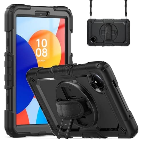 Heavy Duty Shockproof Case for Xiaomi Redmi Pad Pad SE 8.7 4G with Pen Holder Kids Case,Rugged Dropproof Protective Cover W Screen Protector+Rotating Stand+Handle+Strap(Black)