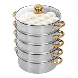 Pattosaey 5 Tier Stainless Steel Steamer Pot, Round Steamer For Cooking, Gold And Silver, With Lid And Anti Scattering Handle, Gift (30cm)