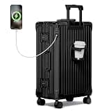 Krute Zipperless Checked Luggage 24in Suitcase with Charger and Cup Holder