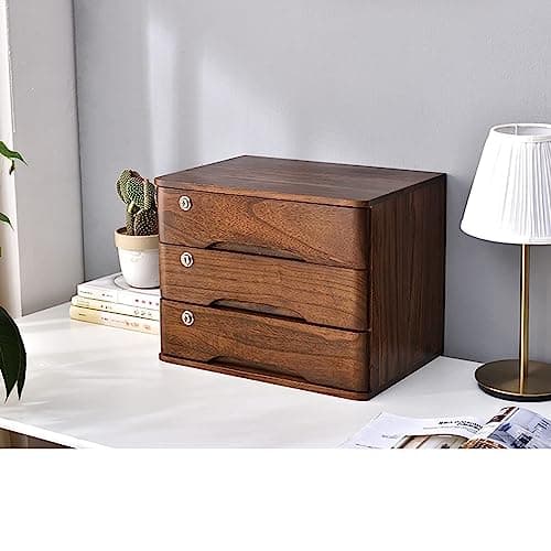 EliteBloom Solid Wood Storage Box, Desk Organizers with Lock,File Cabinet Office Desktop Debris Storage Box, Locking Filing Cabinet 2/3/4 Drawers (3 Layer)