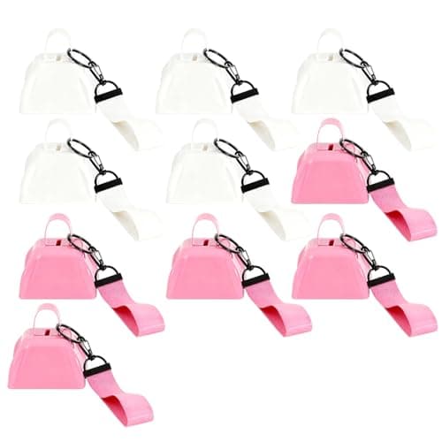 10 Pcs 3-Inch Cowbells Set with Wrist Straps, 5 White and 5 Pink Plastic Loud Noise Makers, Cow Bell for Sporting Events, Parties, and Festive Celebrations