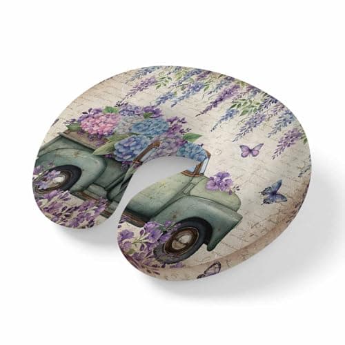 Travel Pillows U-Shaped Neck Pillow Farm Truck Hydrangea Flower Ergonomic Memory Foam Pillow Head Cushion,Watercolor Floral on Retro Letter Soft Portable Neck Pillows for Office Airplane Car Train