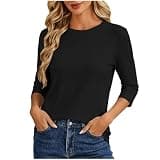 Women's Classic Solid Tops T-Shirt 3/4 Sleeve Crew Neck Pullover Shirt Tunic Casual Lounge Work Everyday Clothing Black