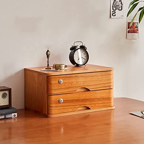 MHJKHG Rustic Wooden Desktop Drawer Cabinet with Lockable Drawers Solid Wood Flat File Cabinet Storage for Office Supplies A4/Receipt File Organizer,E 2 Drawer