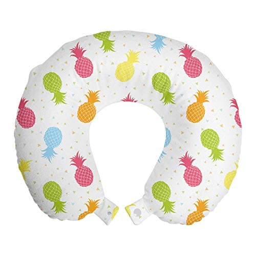 Ambesonne Pineapple Travel Pillow Neck Rest, Fresh Tropical Fruits Hand Drawn Hawaii Foliage on Colorful Triangles Background, Memory Foam Traveling Accessory for Airplane and Car, 12", Multicolor