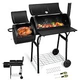 Joyfair Charcoal Grill with Offset Smoker, Camping Barbecue Grill with Side Fire Box for Outdoor BBQ Smoking/Backyard Party Grilling, Thick Iron Steel & Dual Chamber Design, Thermometer & Chimney