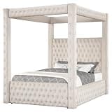 Wirktive Velvet Canopy Bed Frame King - Upholstered Four Poster Bed Frame with Tufted Headboard and Footboard, Luxury Bed Frame with Wood Slats for Bedroom Furniture, Box Spring Required, Ivory