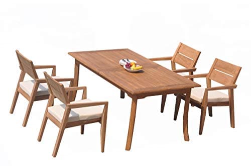 WholesaleTeakFurniture Grade-A Teak Wood 4 Seater 5 Pc Dining Set: 94" Double Extension Rectangle Table and 4 Vellore Stacking Arm Chairs #21VL2005