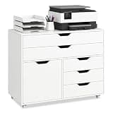 DREAMADE File Cabinet, Rolling File Cabinet with 5 Drawers, Door & Lockable Metal Wheels, Mobile Filing Cabinet with Storage, Wood Printer Stand for Home Office Study (White)