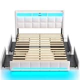 Rolanstar Queen Size Bed Frame with LED Lights and Charging Station, Upholstered Bed Storage Headboard & Drawers, Heavy Duty Wood Slats, Easy Assembly, White