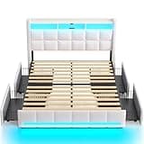 Rolanstar Queen Size Bed Frame with LED Lights and Charging Station, Upholstered Bed Storage Headboard & Drawers, Heavy Duty Wood Slats, Easy Assembly, White