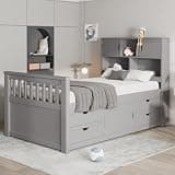 Twin Size Captain Platform Bed Frame with Storage Bookcases and Shelves,Gray - Solid Wood+MDF Gray - Extra Easy-Access Storage Space - Space-Saving Bedroom Solution - Family-Friendly Design
