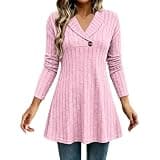 Women Ribbed Knit Tunic Shirts V Neck Long Sleeve Flared Swing Blouses Loose Fit Fall Winter Elegant Casual Tops Pink