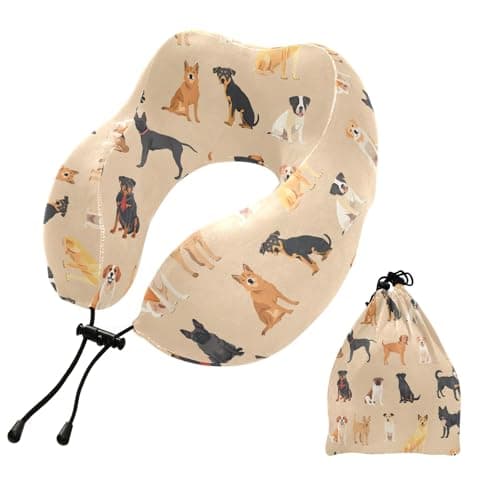 ALAZA Neck Travel Pillow for Sleeping Airplanes Memory Foam Portable Cute Dogs Beige Soft Washable Cover Neck Support Pillows