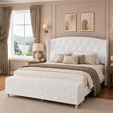 SAMTRA King Bed Frame with 49.8" Tall Wingback Headboard, Diamond Tufted Velvet Upholstered Platform Bed with Storage Footboard, Heavy Duty Metal Slat Support, No Box Spring Needed, White