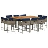 WDSAYREH 11 Piece Patio Dining Set with Cushions, Grey Poly Rattan Garden Furniture Set with Acacia Wood Tabletop and Foldable Chairs