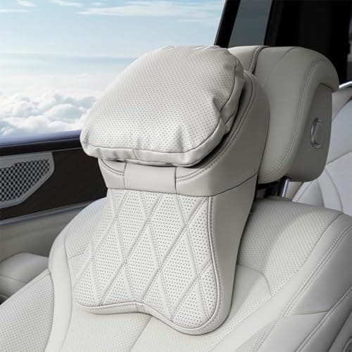 Aviation-grade PU leather car headrest, 2026 new memory foam car neck pillow, 100% memory foam headrest pad, ergonomic cervical support, Suitable for most car SUV cars for home office. (Apricot white)