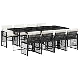 WRJENFSC 9-Piece Garden Dining Set, Outdoor Patio Furniture with 8 Foldable Chairs and Rectangular Table, Black Synthetic Rattan with Cream Cushions for Backyard, Terrace and Balcony