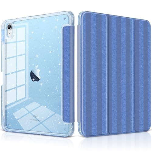 Batianda Glitter Case for iPad Air 13-inch (M4 2026 / M3 2025 / M2 2024) Built-in Pencil Holder - Cute Aesthetic Trifold Cover with Silky Pearl-Sheen Shockproof Clear Sparkle Back, Coastal Stripes