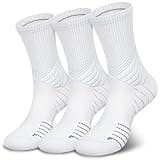 Hylaea Compression Running Socks for Men, Coolmax Anti-Blister Cushion Crew Socks for Athletic Basketball Tennis, Moisture Wicking & Seamless, Elite White Medium