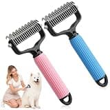 2 Pcs Pet Grooming Brush, Double Sided Undercoat Rake & Dematting Comb for Dogs and Cats, Detangling Tool for Matted Fur, Ideal for Medium or Long Haired Breeds (Blue+Pink, Large)