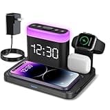 ANJANK Wireless Charging Station,5 in 1 Multiple Charger Stand with Alarm Clock,7 Night Light,Magnetic Charging Dock for iPhone 17 16 15 14 13 12 Pro Max Plus,Apple Watch 11/10/9/8,for Airpods,Bedroom