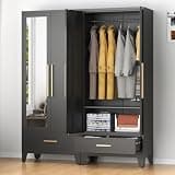 72" Tall Metal Armoire Wardrobe Closet with Mirror Doors and Drawer, Adjustable Hanging Rod and Adjustable Shelf, Freestanding Storage Cabinet Organizer for Bedroom,Office, Laundry Room, Black
