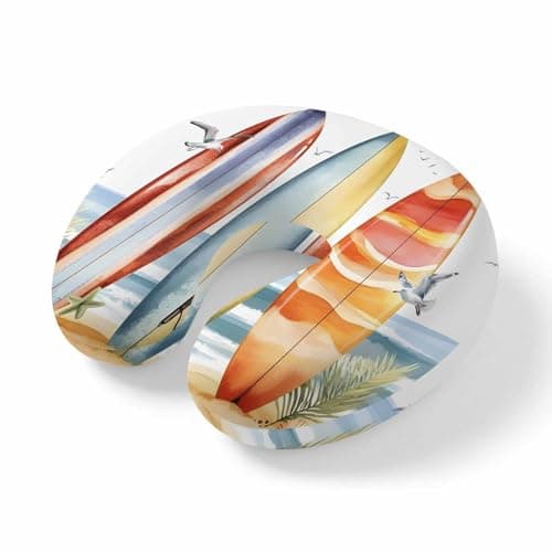 ZFUNCING Travel Pillows U-Shaped Neck Pillow Summer Watercolor Surfboard Ergonomic Memory Foam Pillow Head Cushion,Seagull Beach Ocean Theme Soft Portable Neck Pillows for Office Airplane Car Train