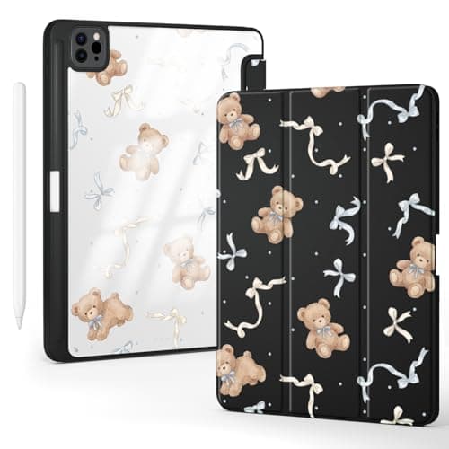 BlHMCASE Cute Kawaii Bear Bow for iPad Pro 13 Inch Case (M5/M4) 2025/2024 with Pencil Holder, Auto Sleep/Wake, Black Leather Clear Acrylic Back Cover