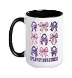 Epilepsy Awareness Purple Ribbon Warrior Ceramic Mug, Black/White, 15oz