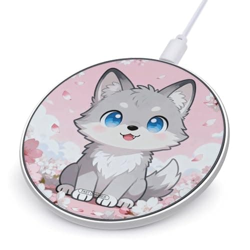 Kawaii Wolves Flower Wireless Charger with Aluminum Alloy Frame Qi Certified Fast Wireless Charging Pad 10W Charging Station Portable Phone Charger for All Wireless Charging Phone